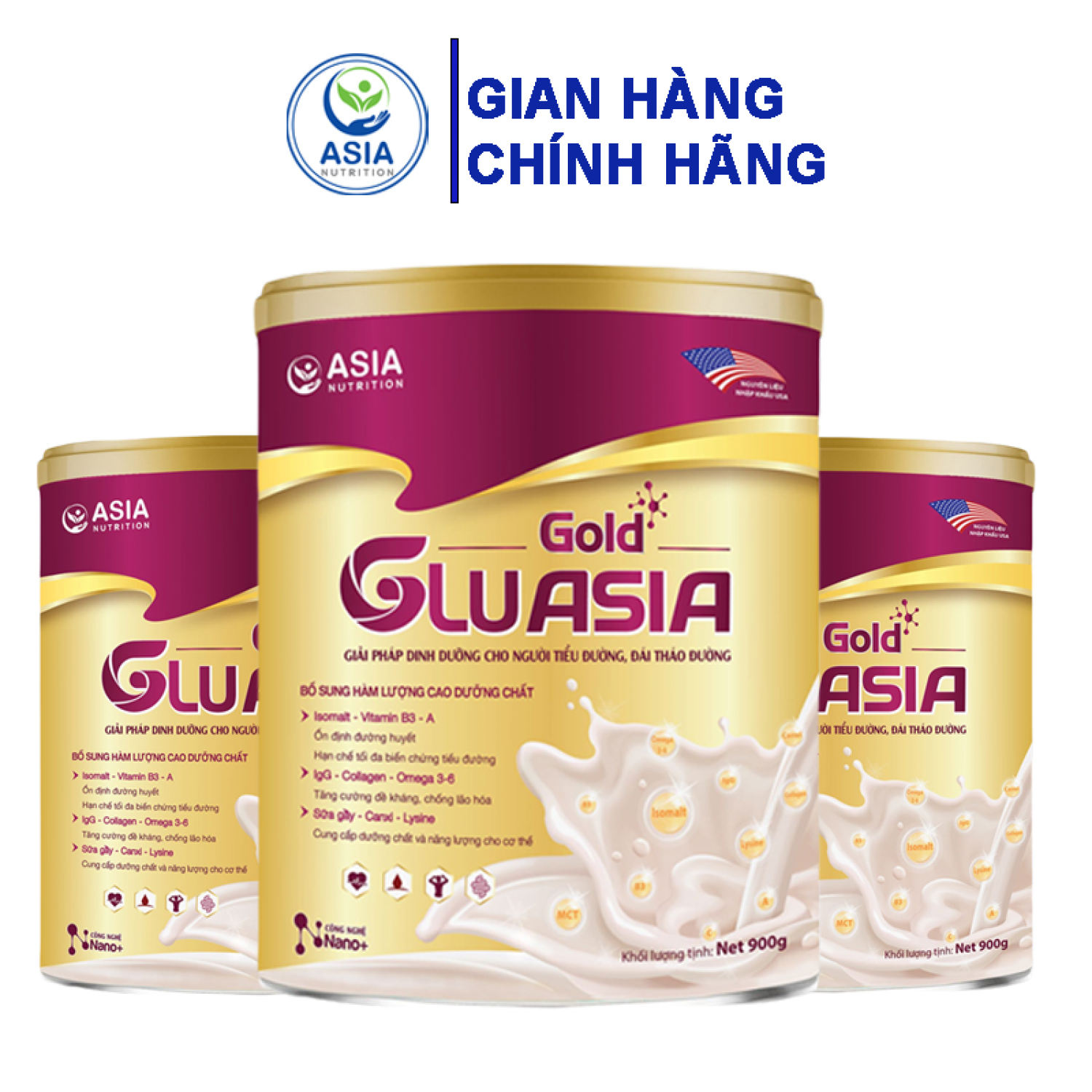 Combo 3 hộp sữa bột dinh dưỡng Glu Asia Gold 900g tác dụng cung cấp dinh