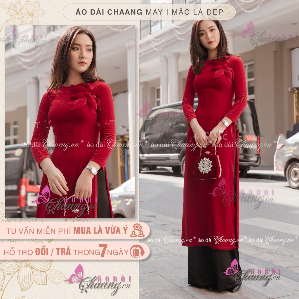 Áo dài nhung cổ tròn_Chaang_Áo dài nhung sang trọng, vải áo dài nhung đỏ sang trọng