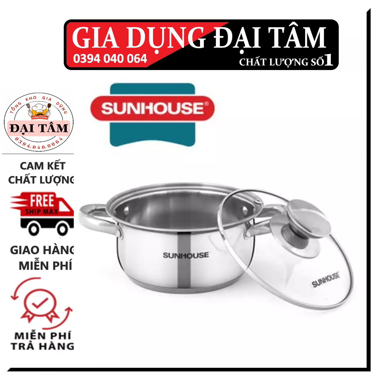 Nồi inox 3 đáy sunhouse 20cm nắp kính - dùng được mọi loại bếp