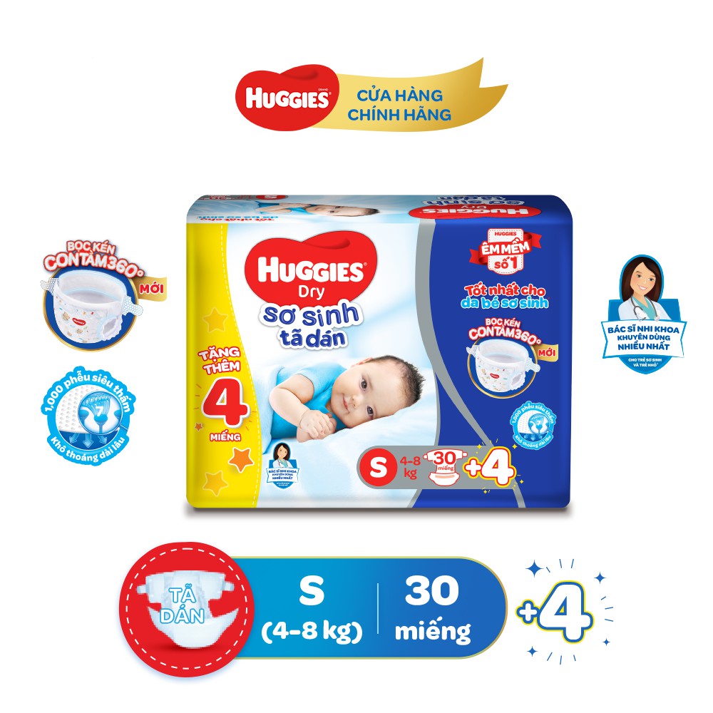 Tã dán sơ sinh Huggies NB40/S30 + Tặng 4 miếng