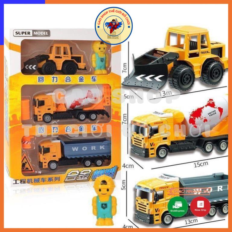 Đồ chơi ô tô bộ 3 xe công trường, xe cẩu, xe bom, xe tải, máy bay, xe bồn bê tông cho bé tập làm kĩ sư công trình