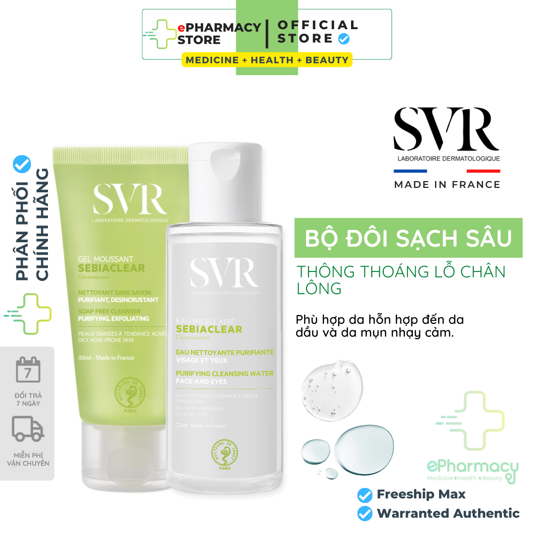Combo nước tẩy trang svr sebiaclear + sữa rửa mặt svr sebiaclear cho da dầu mụn