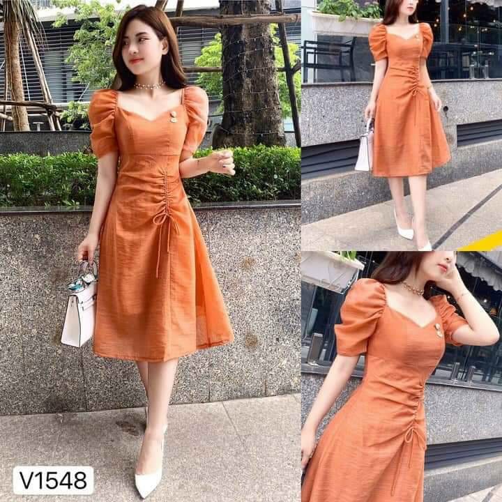 Đầm xòe tay phồng dây rút eo cổ vuông #damtayphong