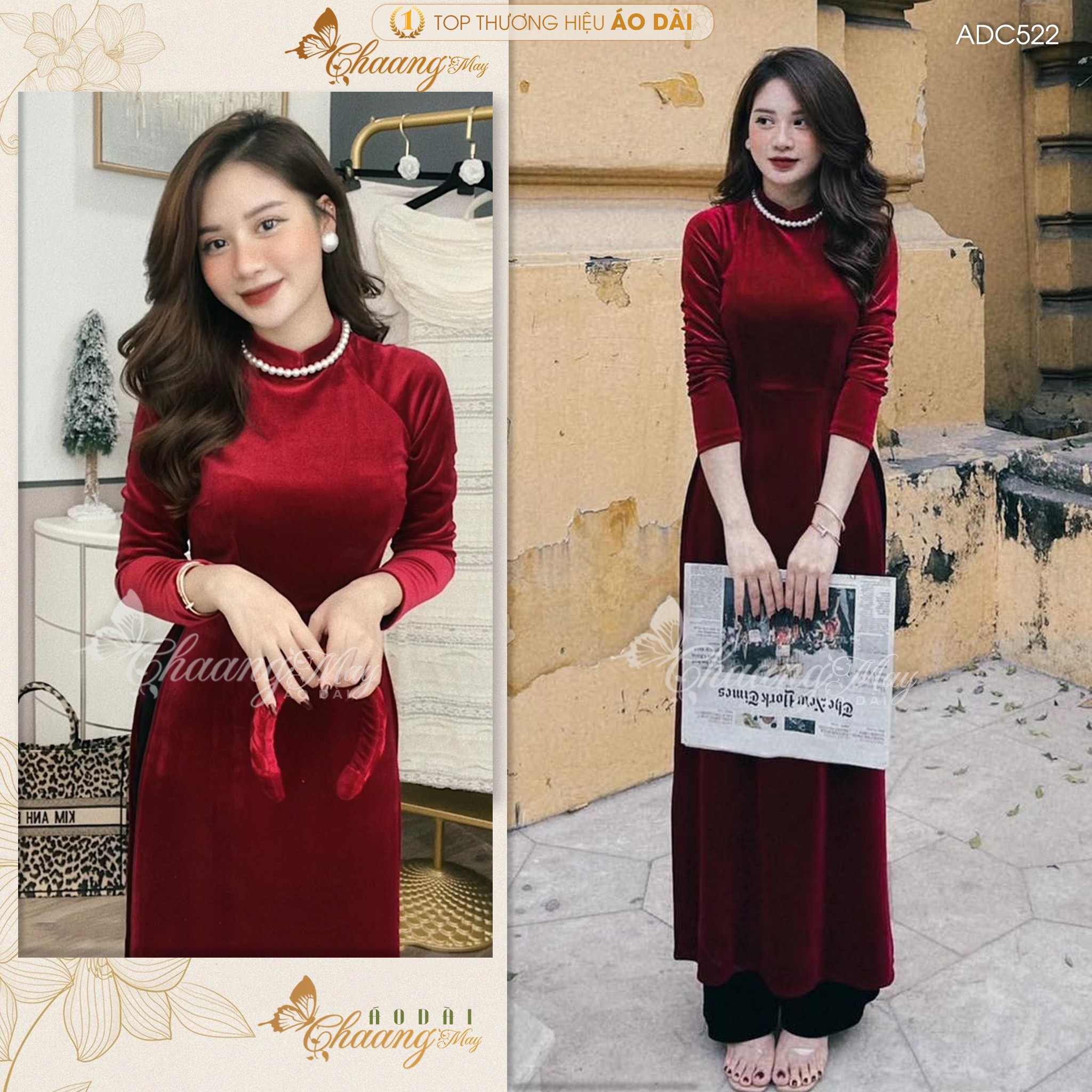 Áo dài nhung truyền thống cổ vuông phong cách xưa cổ điển Chaang May sẵn ADC522 Mặc Dự Tiệc Cưới Lễ Tết Đẹp Sang Trọng