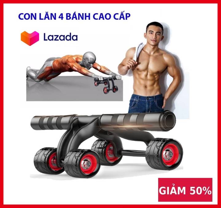 Dụng Cụ Tập Thể Hình 4 Bánh – Con Lăn Tập Cơ Bụng 4 Bánh , Chất Liệu Cao Cấp, Bền, Đẹp … Giúp Cơ Thể Săn Chắc Body (Tặng Thảm Lót + Tấm Chặn…