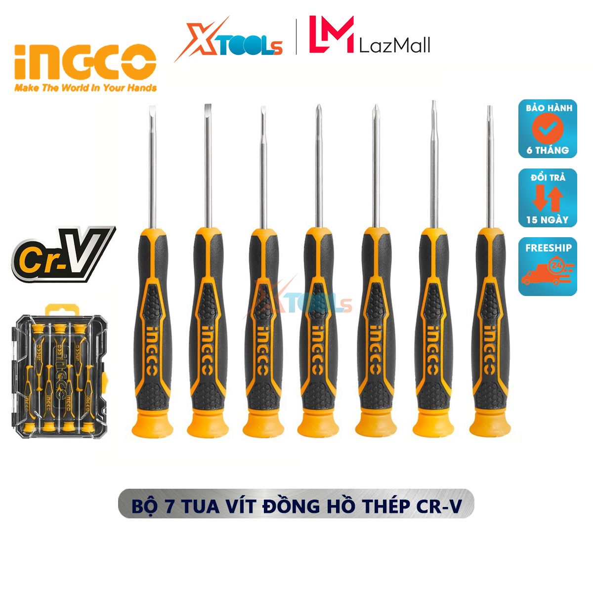 Bộ tua vít đồng hồ chuẩn 7 chi tiết INGCO HKSD0718 bộ tuốc nơ vít sửa chữa đồng hồ thép Cr-V siêu cứng có nam châm hút vĩnh cửu, đầy đủ size , tua vít bake, tua vít lục giác, tua vít dẹp, đóng hộp nhựa