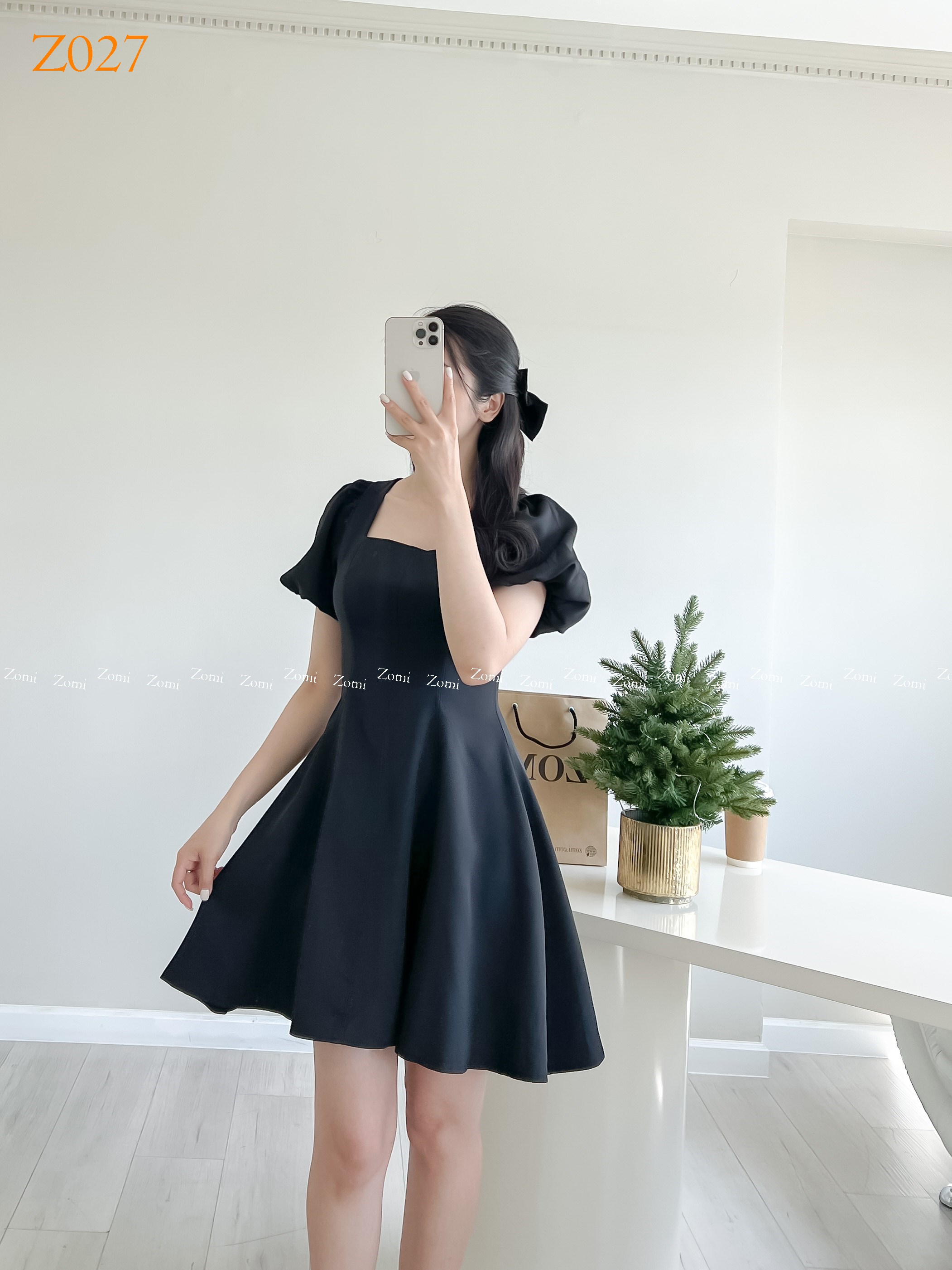 Đầm dự tiệc tay phồng cột nơ lưng dáng xòe