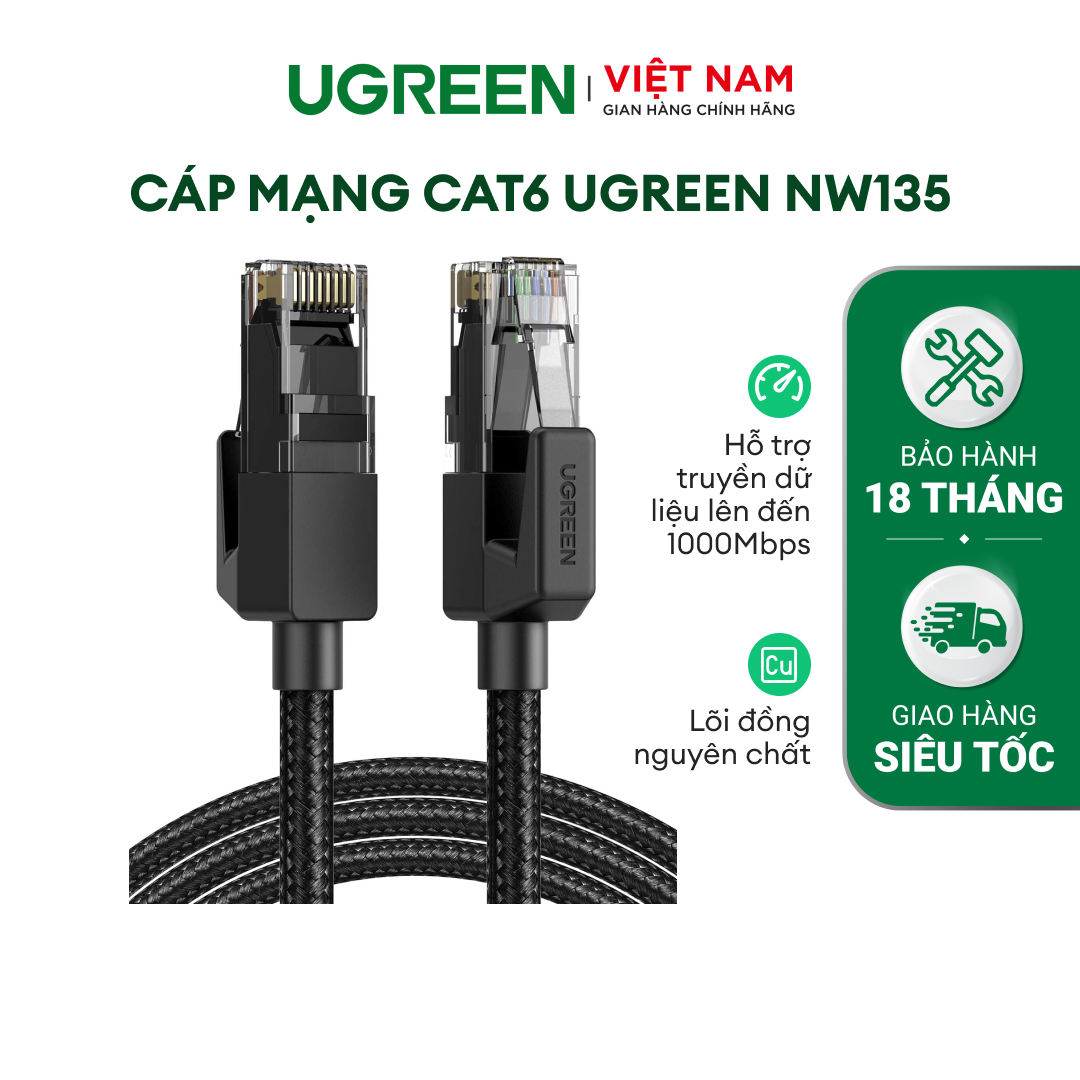 Cáp mạng Cat6 UGREEN NW135 | Hỗ trợ truyền dữ liệu lên đến 1000Mbps | Lõi đồng nguyên chất, vỏ bện nylon | Bảo hành 18 tháng 1 đổi 1