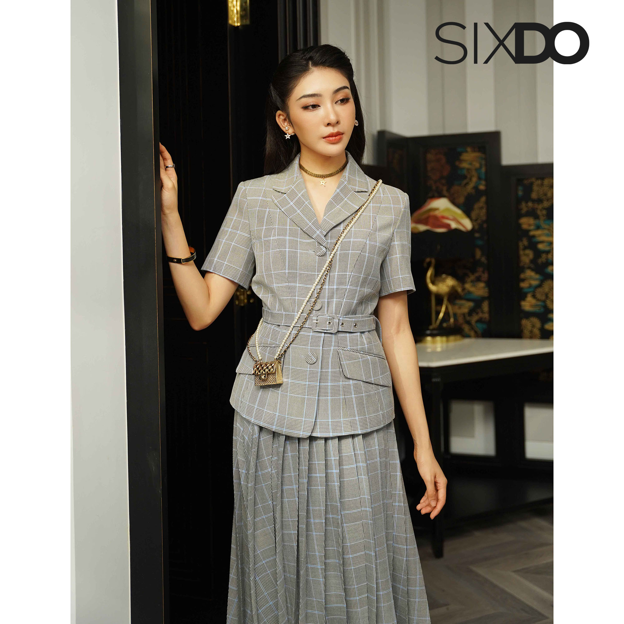 Chân váy xếp ly dệt thoi họa tiế kẻ SIXDO (Multi-coloured Check Pleated Midi Woven Skirt)