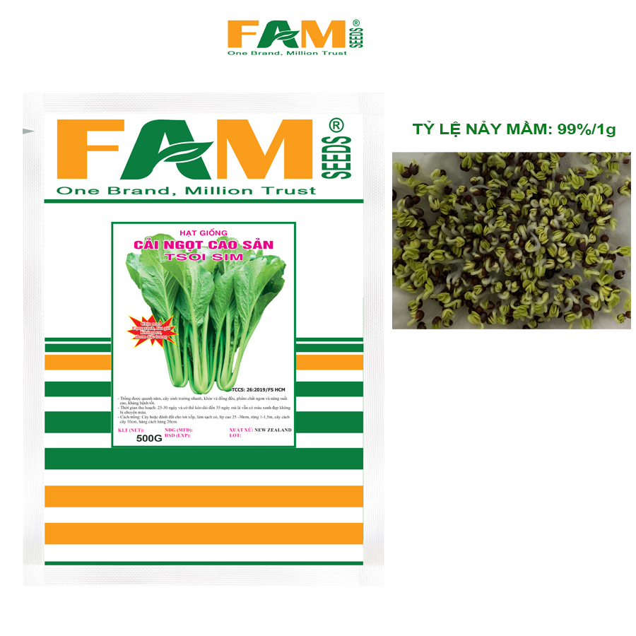Gói 20gr Hạt Giống Cải Ngọt Cao Sản FAM SEEDS - Nhập khẩu New Zealand, Nảy mầm khỏe, Chịu Mưa, Cọng Xanh, Lâu Già, Không Xơ, Kháng sâu bệnh tốt, Bụi to, Năng suất cao