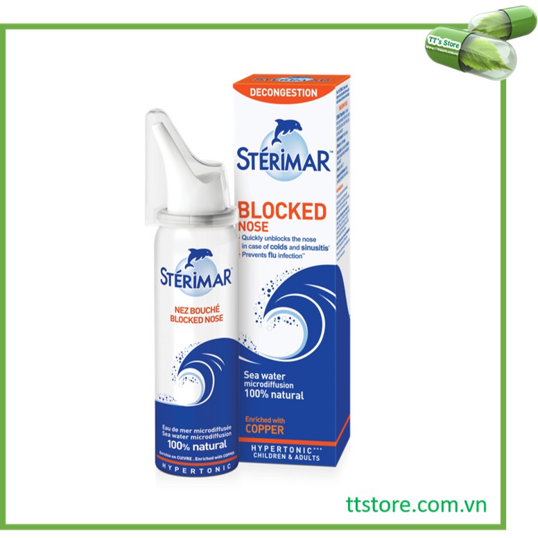 Sterimar Blocked Nose - Dung dịch xịt mũi ưu trương giảm nghẹt mũi [sterima, xịt mũi cá heo, nước rửa mũi, block nose)