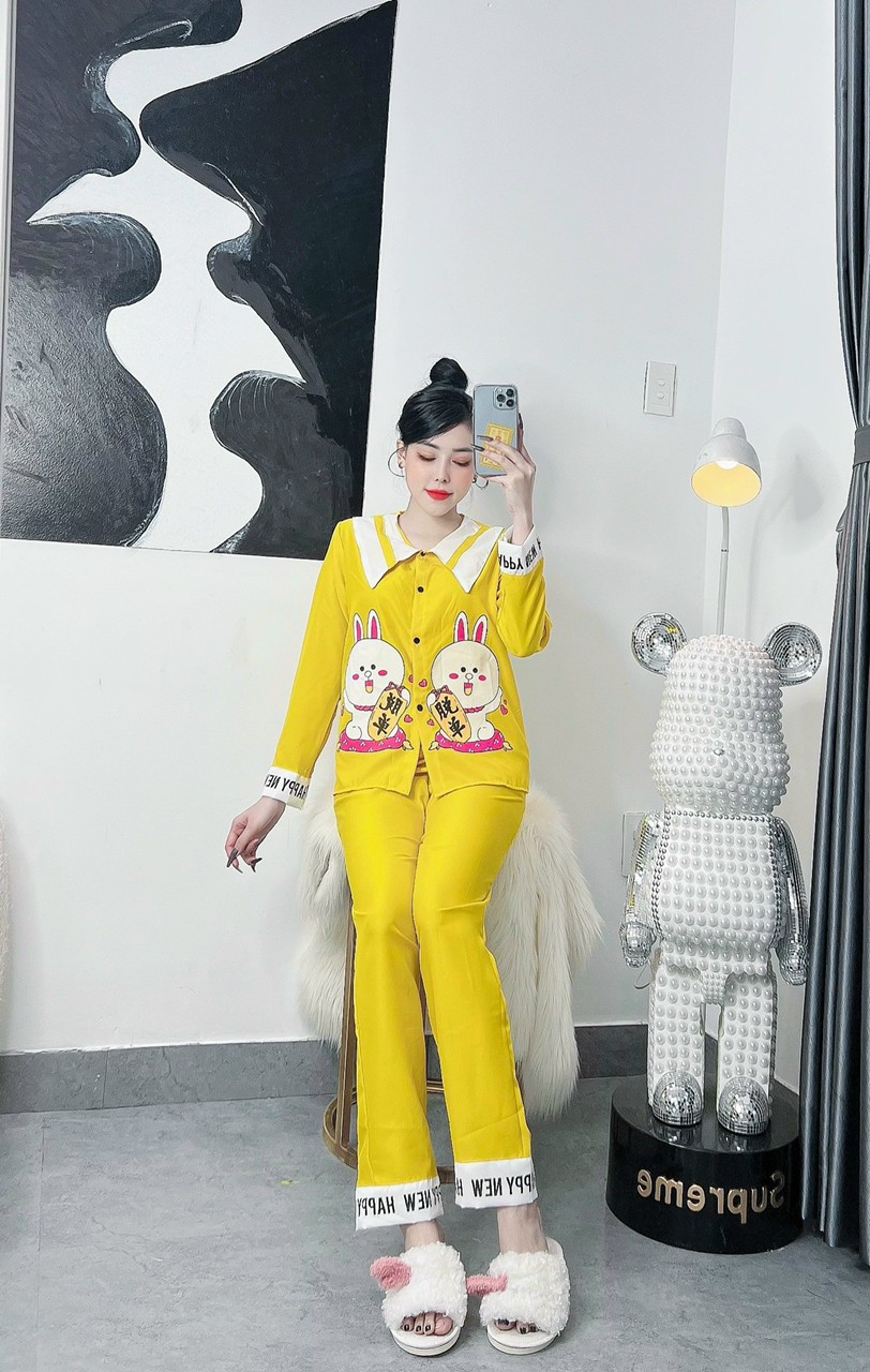 Đồ bộ tay dài vải kate lụa hình thỏ xinh xắn , freesize dưới 57kg, set bộ tay dài vải kate lụa mềm mại
