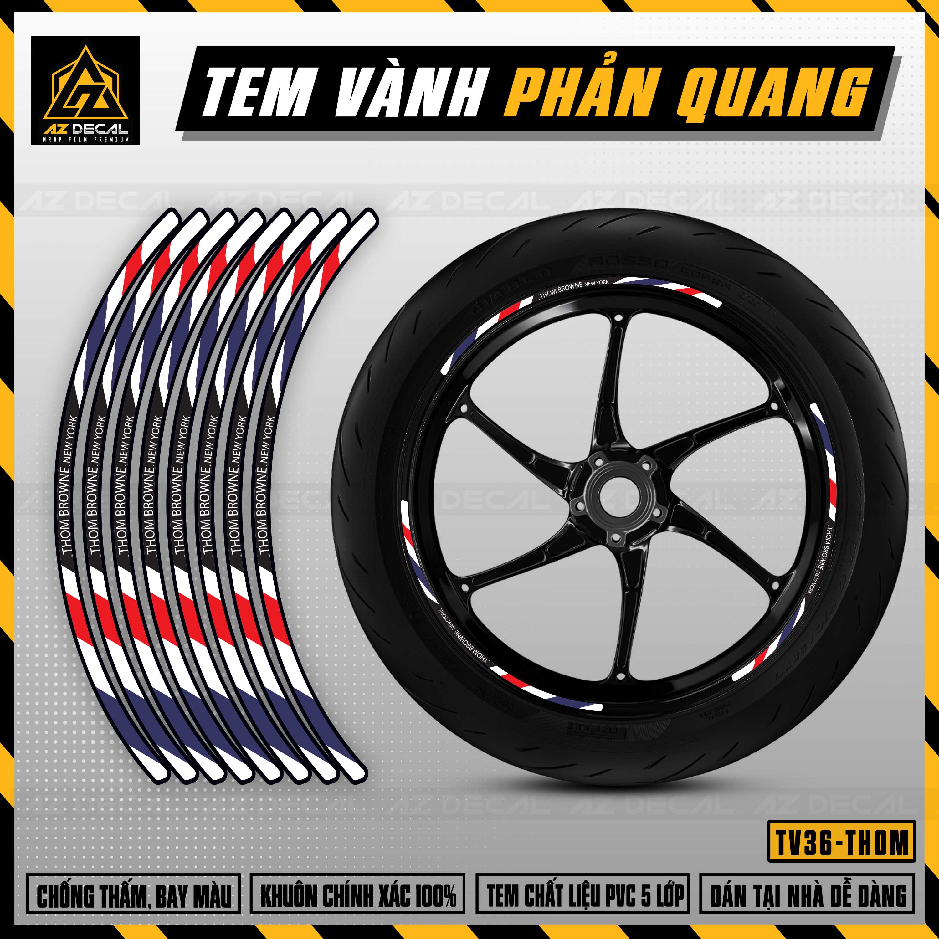 Tem Dán Vành Xe Máy Mẫu Thom Browne | TV36 | Decal Dán Mâm Xe Chất Liệu Phản Quang & Không Phản Quang Chống Nước, Bền Màu | Azdecal