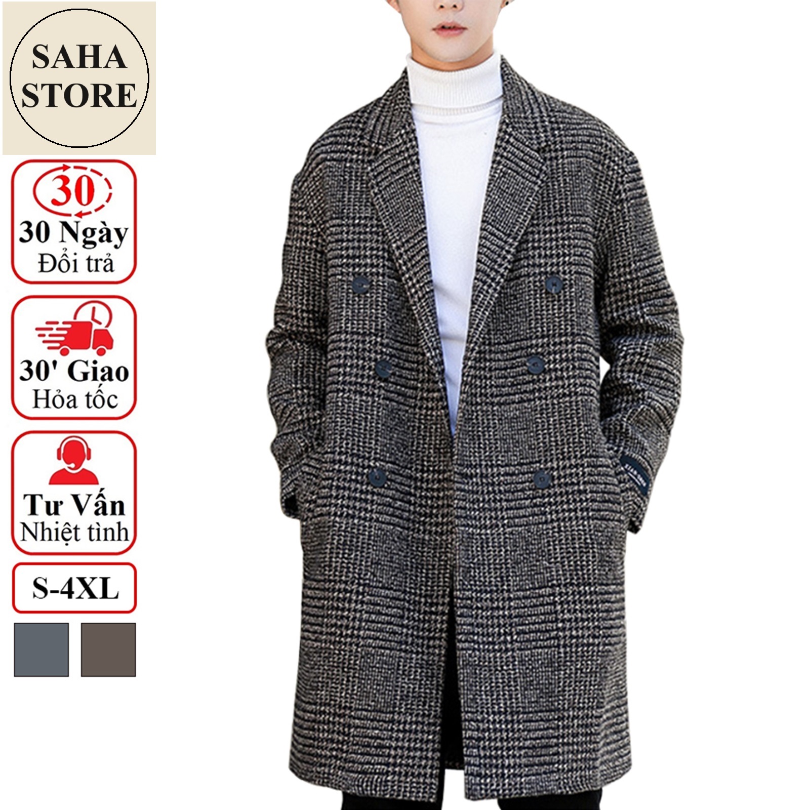 Áo khoác nam dáng dài SAHA05 blazer kẻ caro rộng măng tô dạ hàn quốc choàng ngoài big size to lớn 3xl 4xl 90kg 100kg