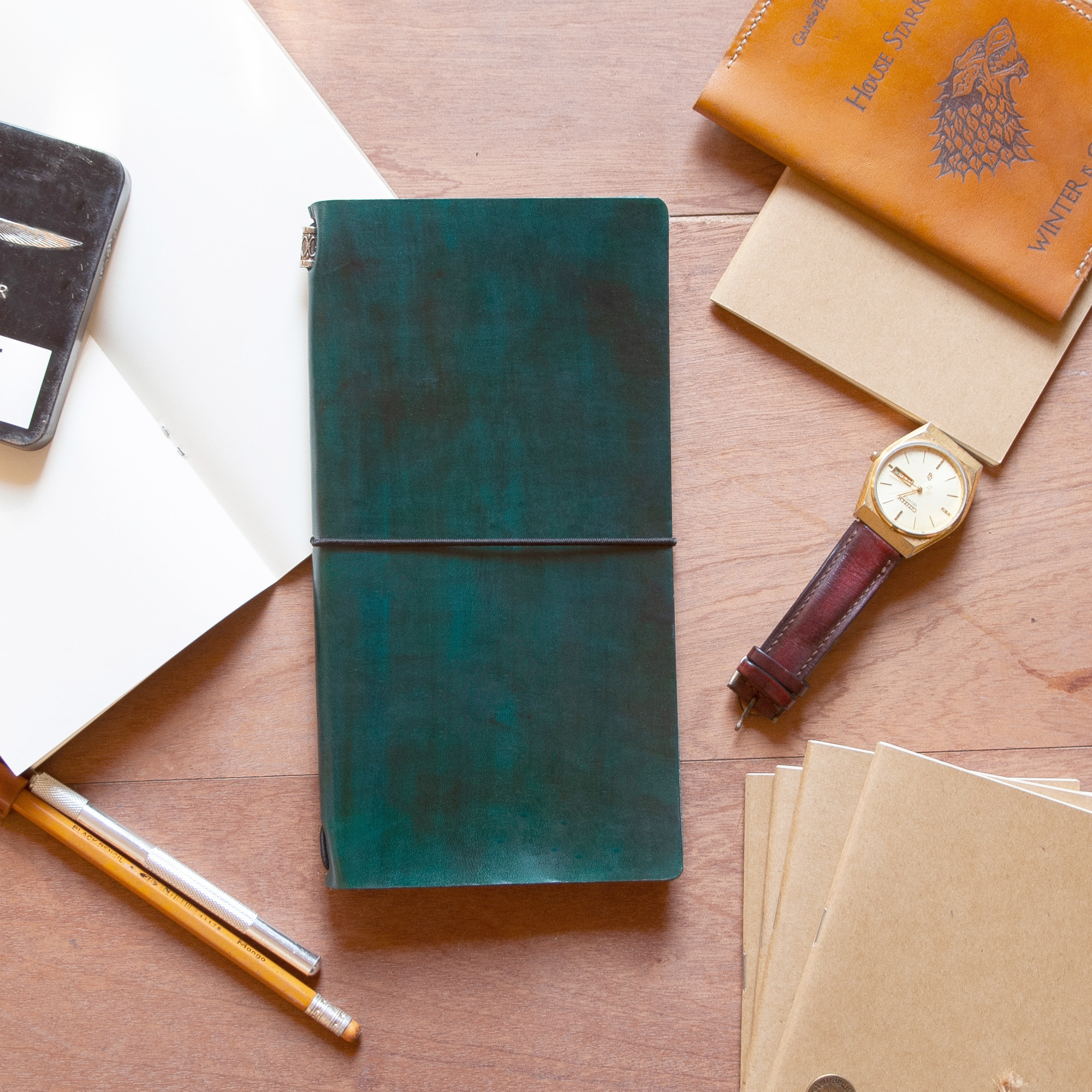 Sổ Bìa Da Thật, Sổ Tay Ghi Chép Midori’s Traveler Notebook Size A5 180 trang (Sẵn 3 ruột giấy & charm trang trí)