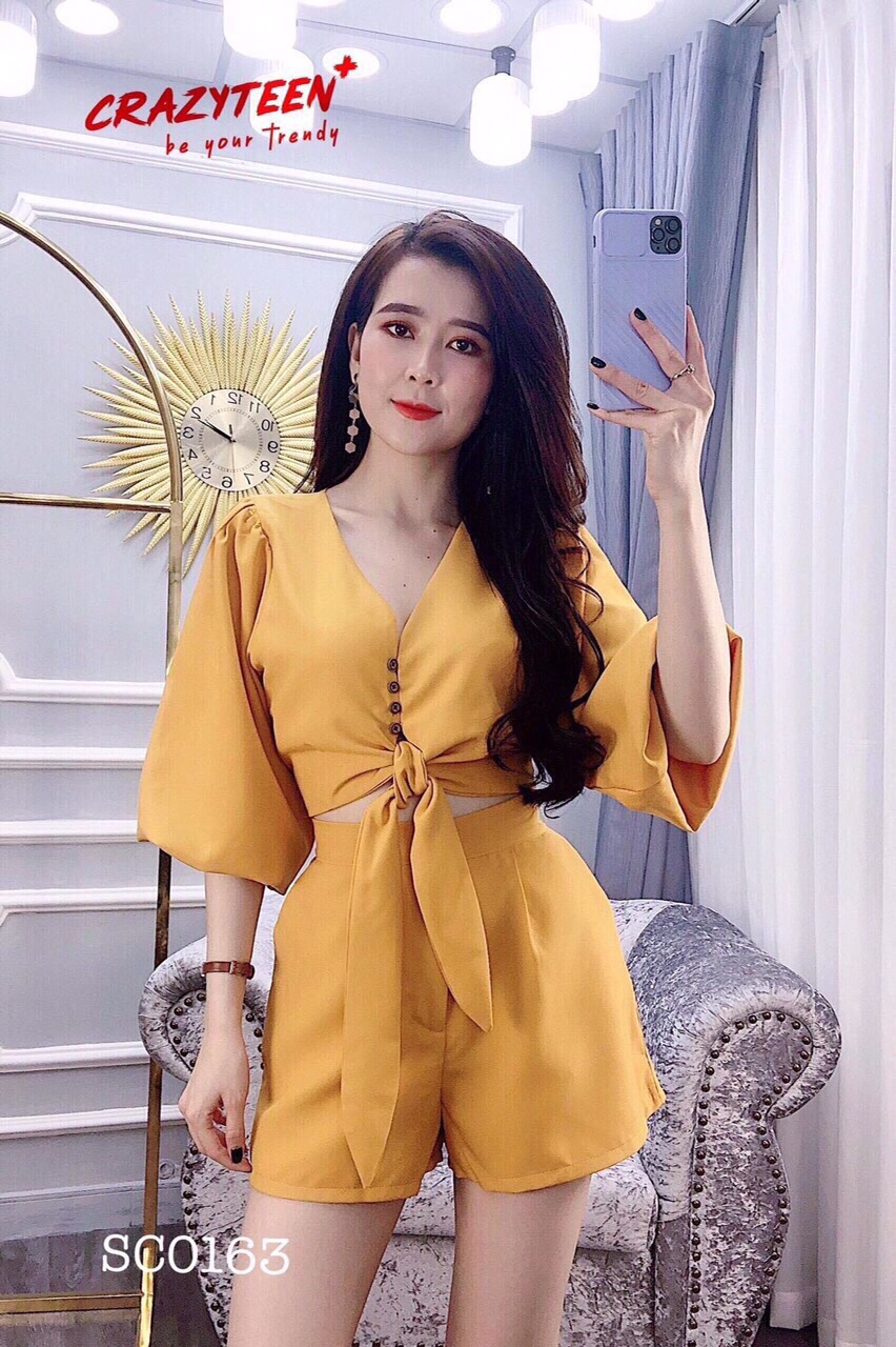 Set bộ nữ áo cổ V cột nơ eo quần đùi cực xinh