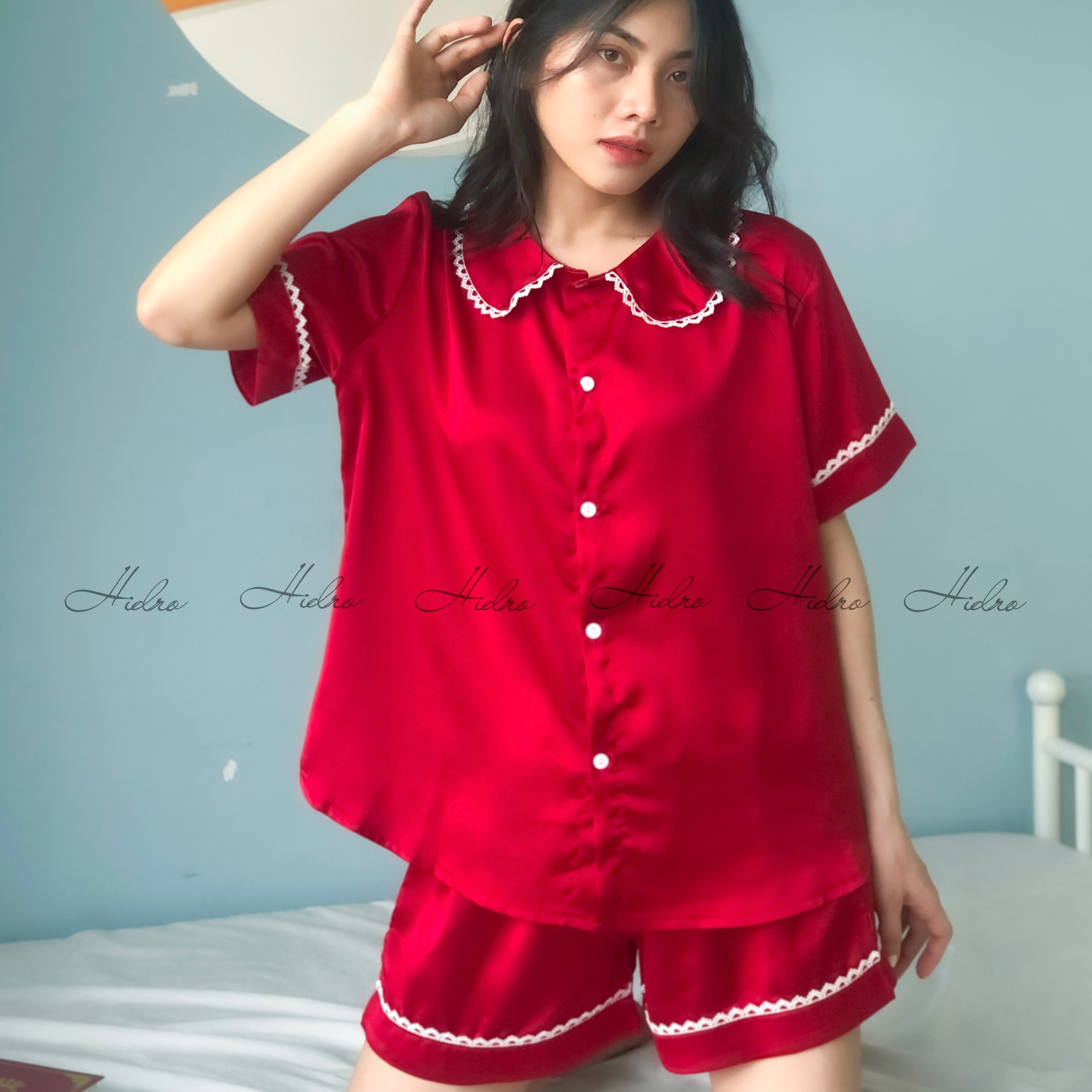 Bộ pijama lụa satin cao cấp viền ren sang chảnh