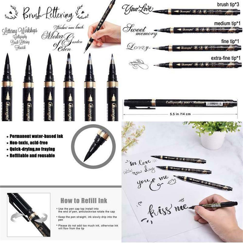 6 cái Bút thư pháp mới cho người mới bắt đầu viết chữ Caligraphy Beginners Set Refill Black Marker Brush Pre-write