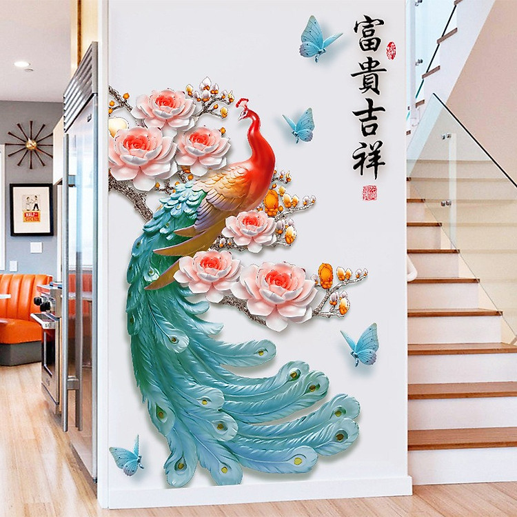 Tranh 3d dán tường hình chim công 90x60cm