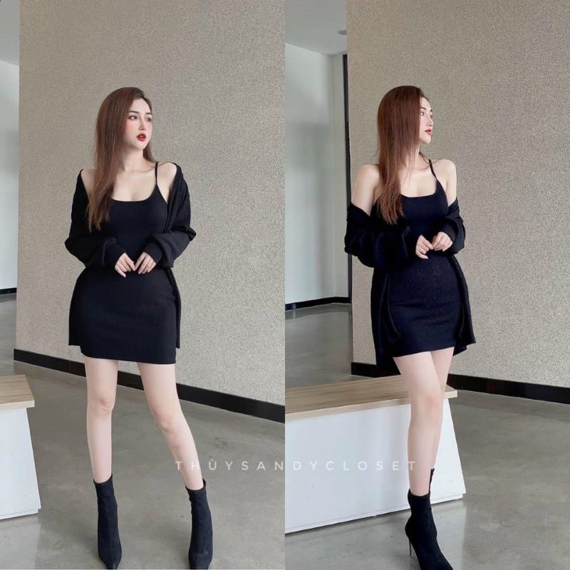 Sét áo khoác dài phối đầm 2 dây body