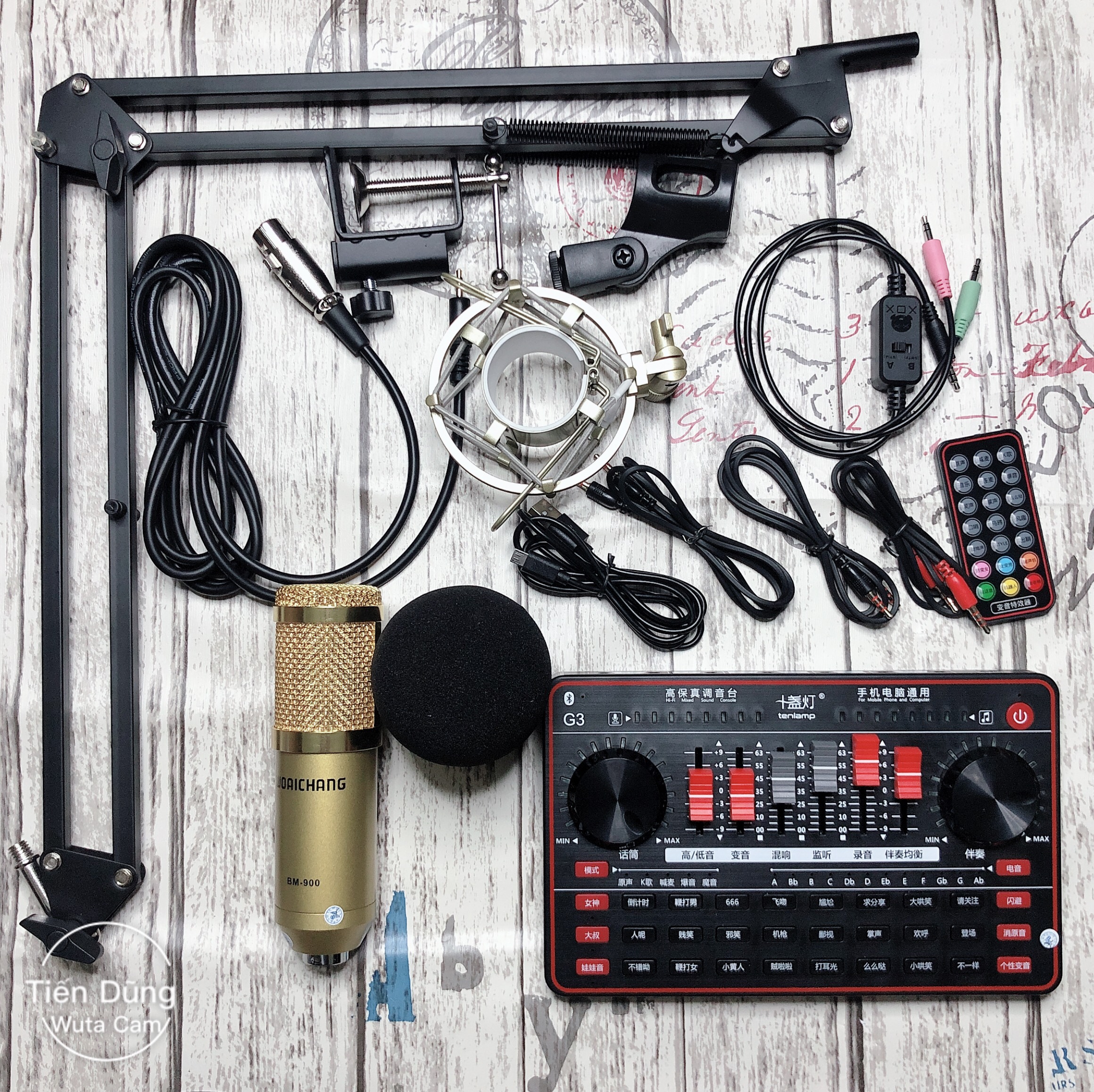 Mic thu âm BM900 woaichang Sound card G3 có auto-tune dây live stream MA2 với chân kẹp bàn