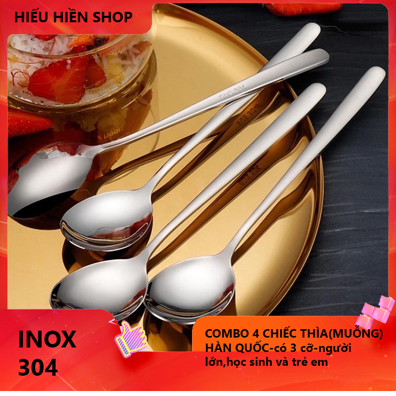 [HCM]SÉT 4 Chiếc Thìa Hàn INOX 304- (Muỗng ) Cán Dài  ĐẸP LỘNG LẪY ( CÓ 3 SIZE)