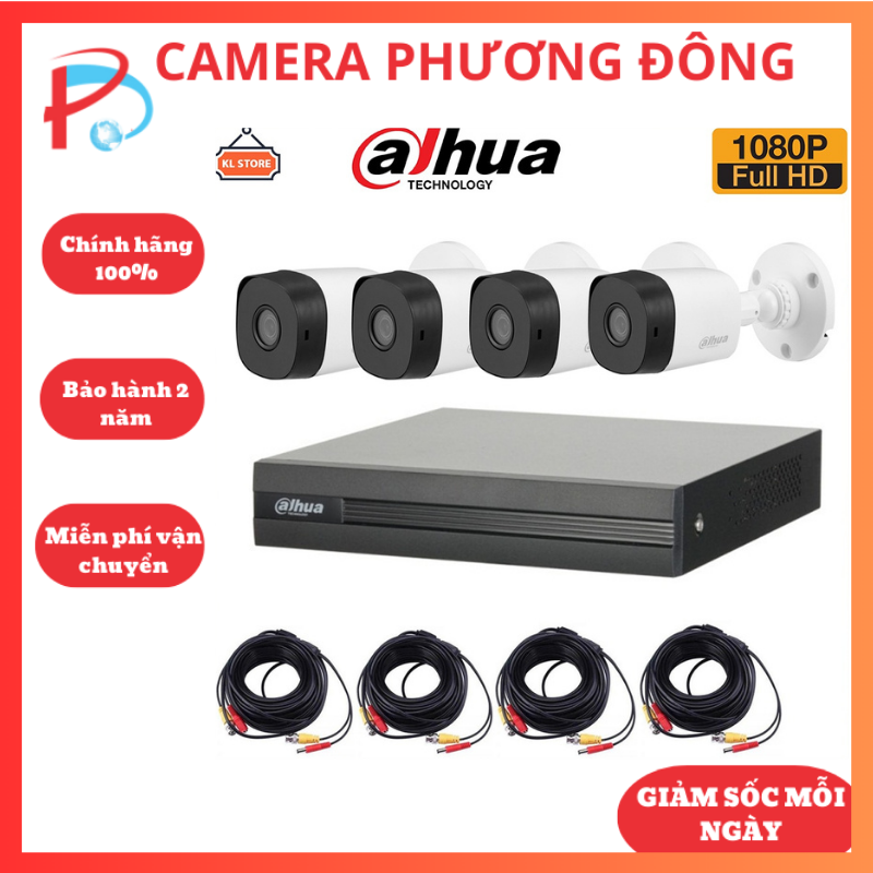 Trọn bộ 4 camera giám sát dahua 2.0mp full hd 1080p đầy đủ phụ kiện lắp đặt - bảo hành chính hãng 24 tháng