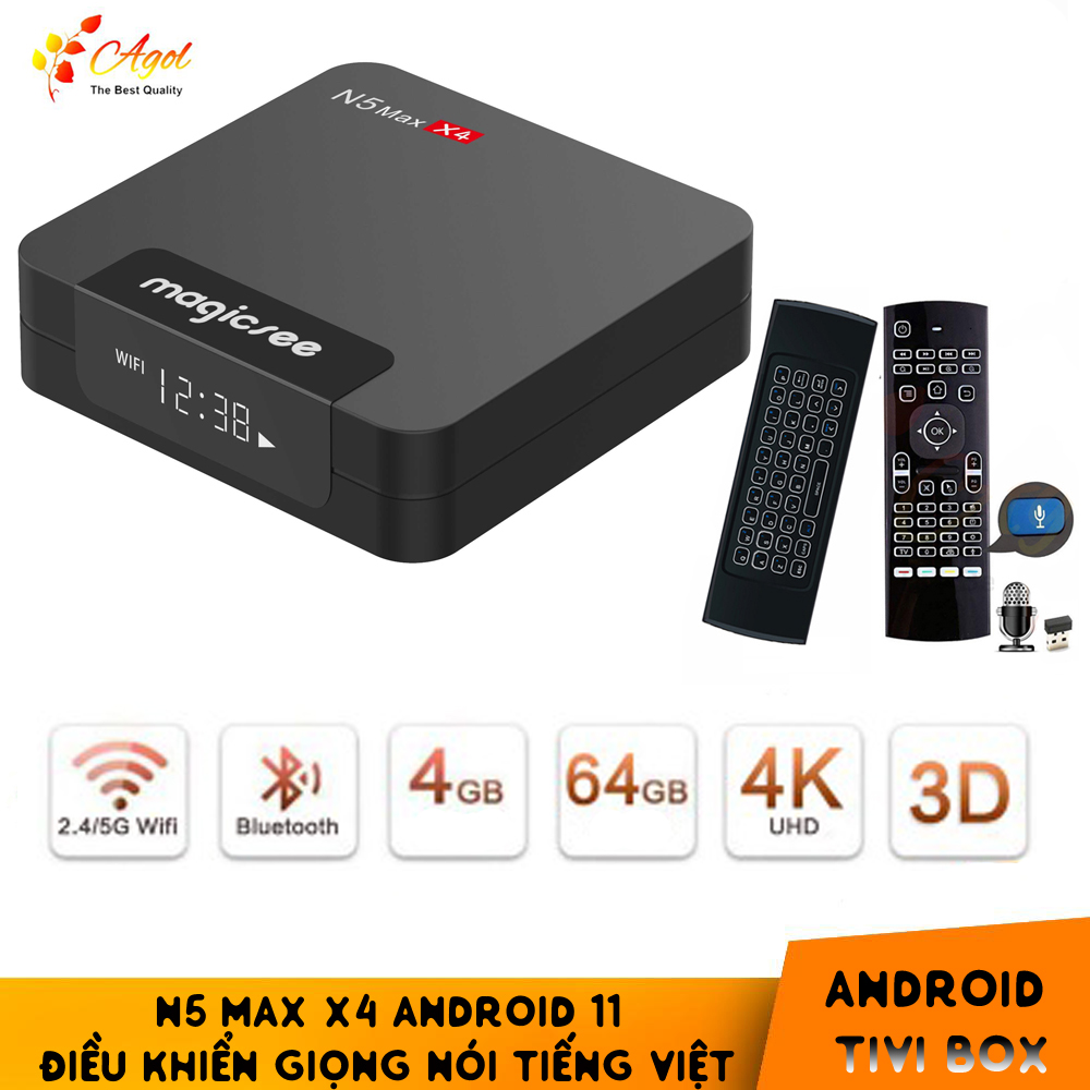 Tivi box n5 pro điều khiển giọng nói có bàn phím mini đèn nền magicsee Rom 32G Ram 4G Android 11 Bluetooth wifi kép 2 băng tần cài sẵn phim, truyền hình cáp miễn phí vĩnh viễn