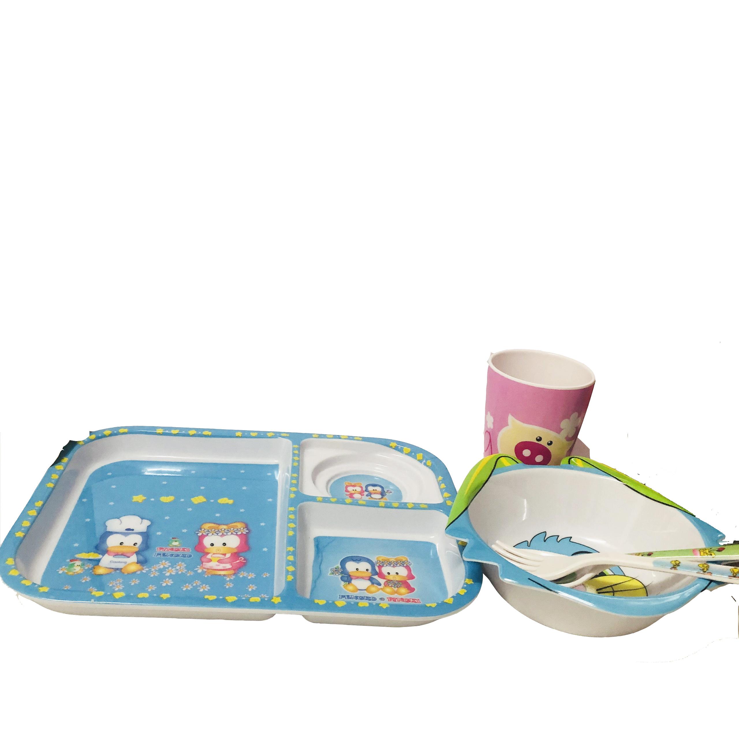 Bộ tập ăn cho bé khay hình chữ nhật size lớn họa tiết dễ thương (Khay, tô, ly, muỗng, nĩa)