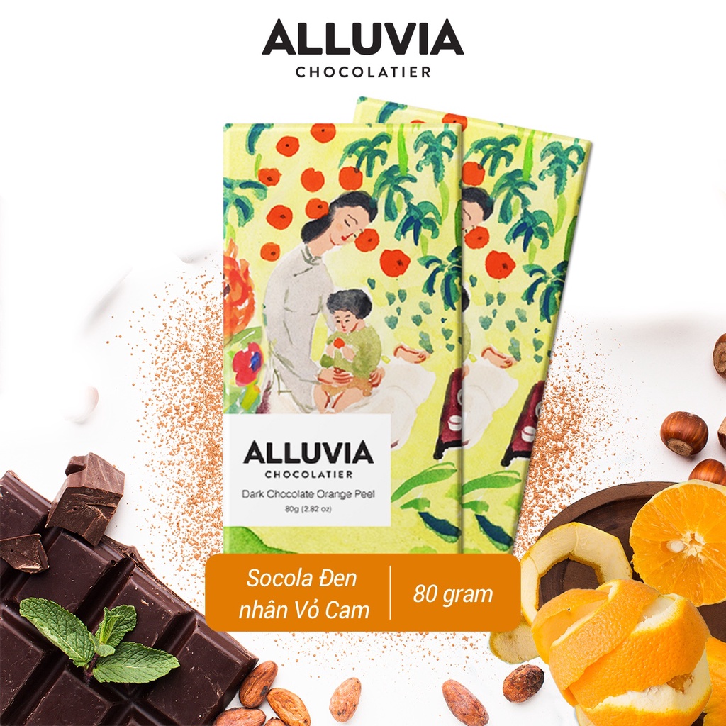 Socola đen nguyên chất nhân Vỏ Cam đắng vừa ít ngọt Alluvia Chocolate