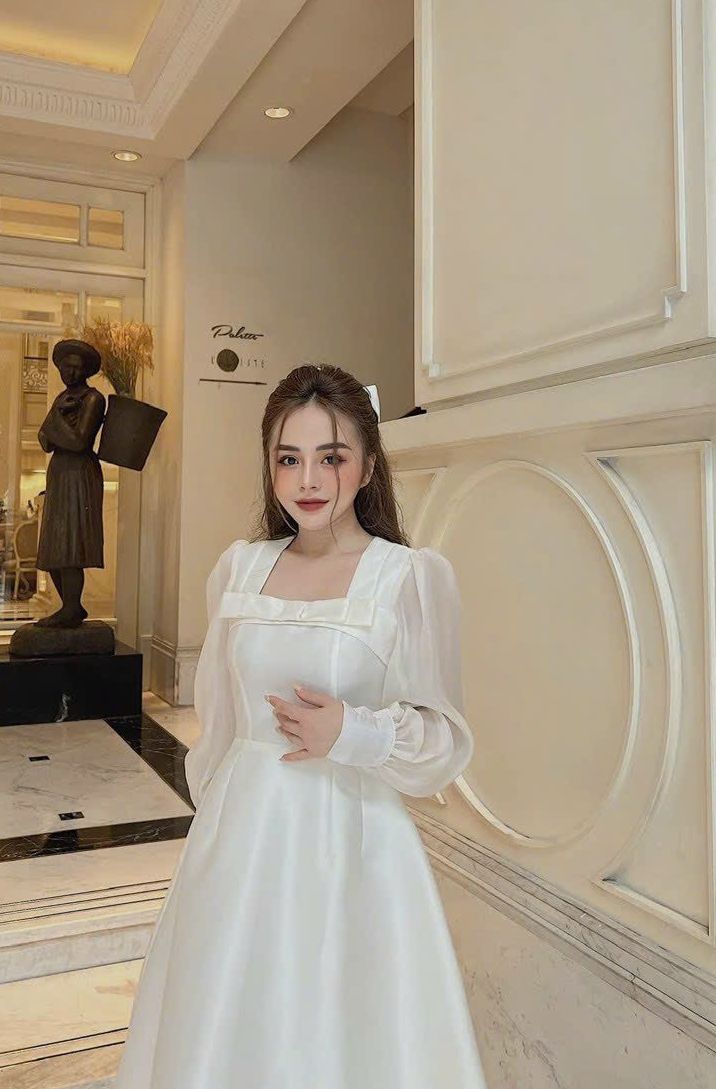 Đầm tapta cổ vuông đính nơ tay phồng mặc đi tiệc cưới, váy xòe tiểu thư sang chảnh hàng cao cấp