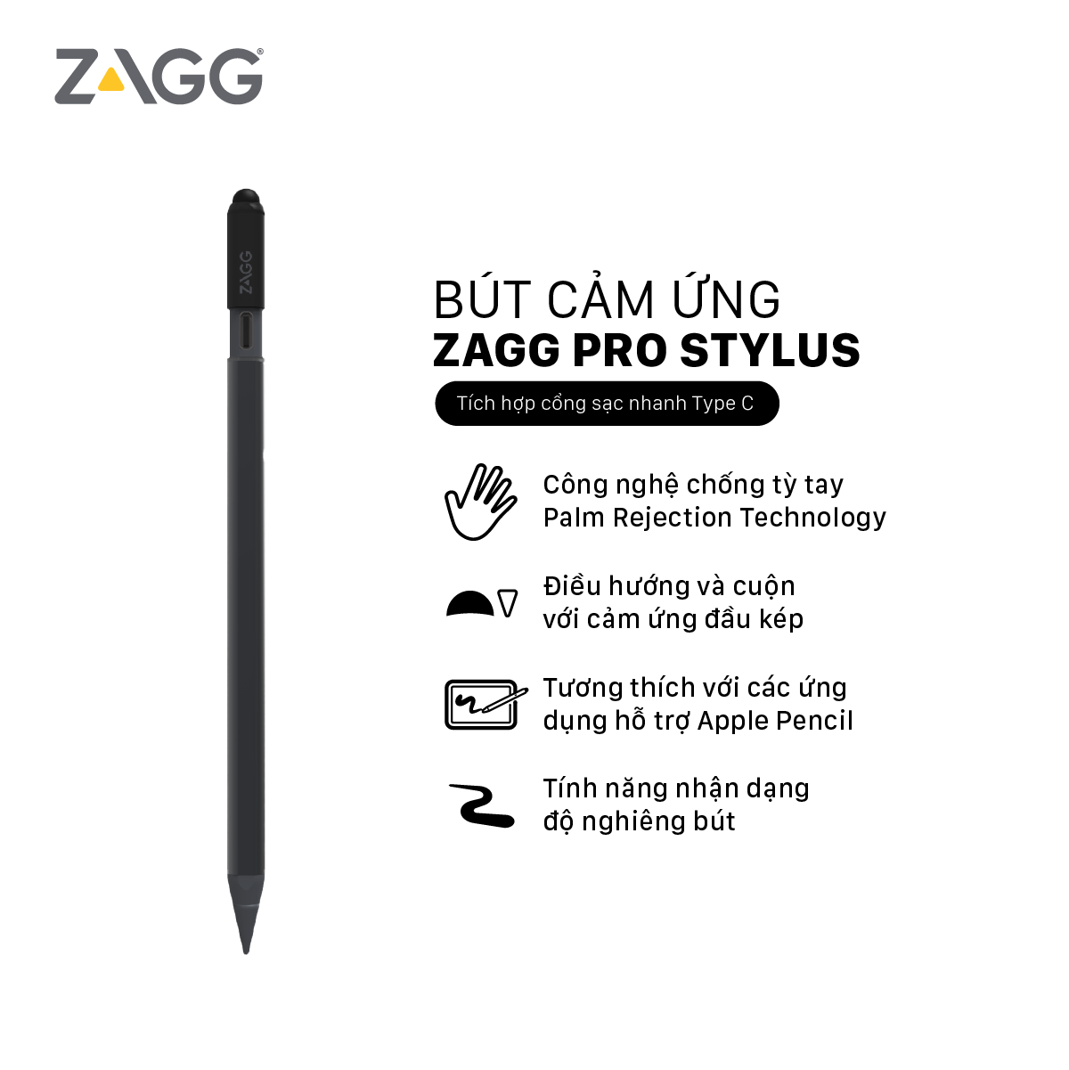 Bút cảm ứng ZAGG-Pro Stylus Pencil dành cho các dòng iPad Air/Pro từ 2018