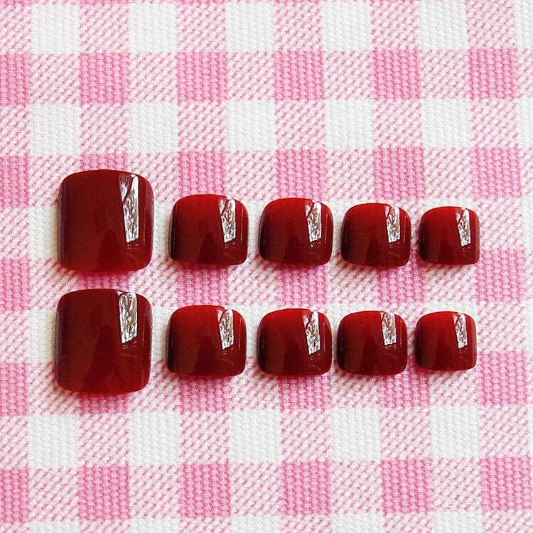 Bộ 24 Móng Chân Giả đỏ cherry (kèm keo)