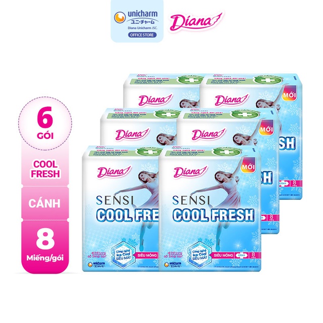 Lốc 6 Gói Băng Vệ Sinh Diana Sensi Cool Fresh Siêu Mỏng Cánh Gói 8 Miếng