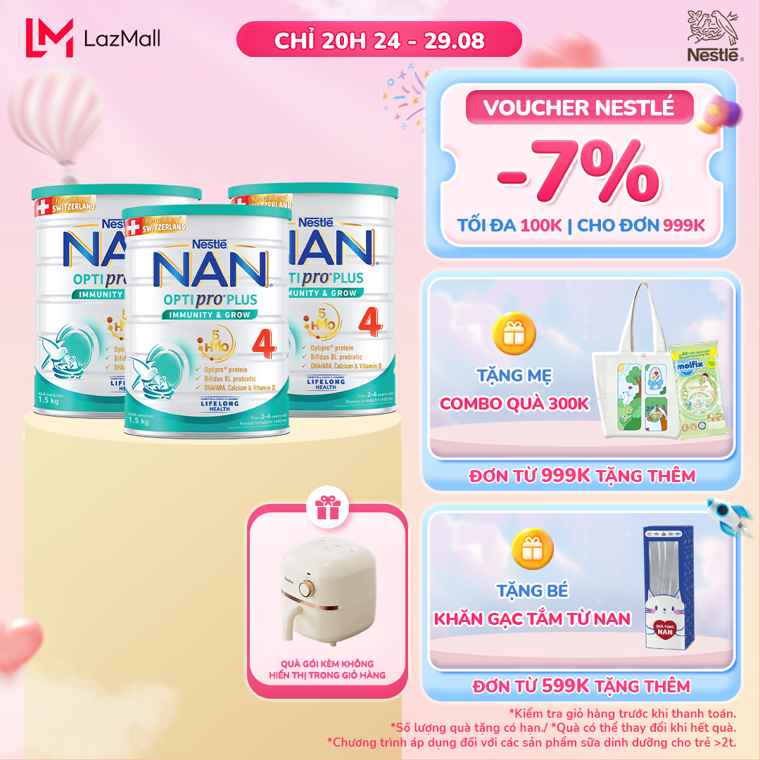 Bộ 3 lon sữa bột nestlé nan optipro plus 4 1500g/lon với 5hmo giúp tiêu hóa tốt + tăng cường đề kháng + tặng nồi chiên không dầu mini gaabor​