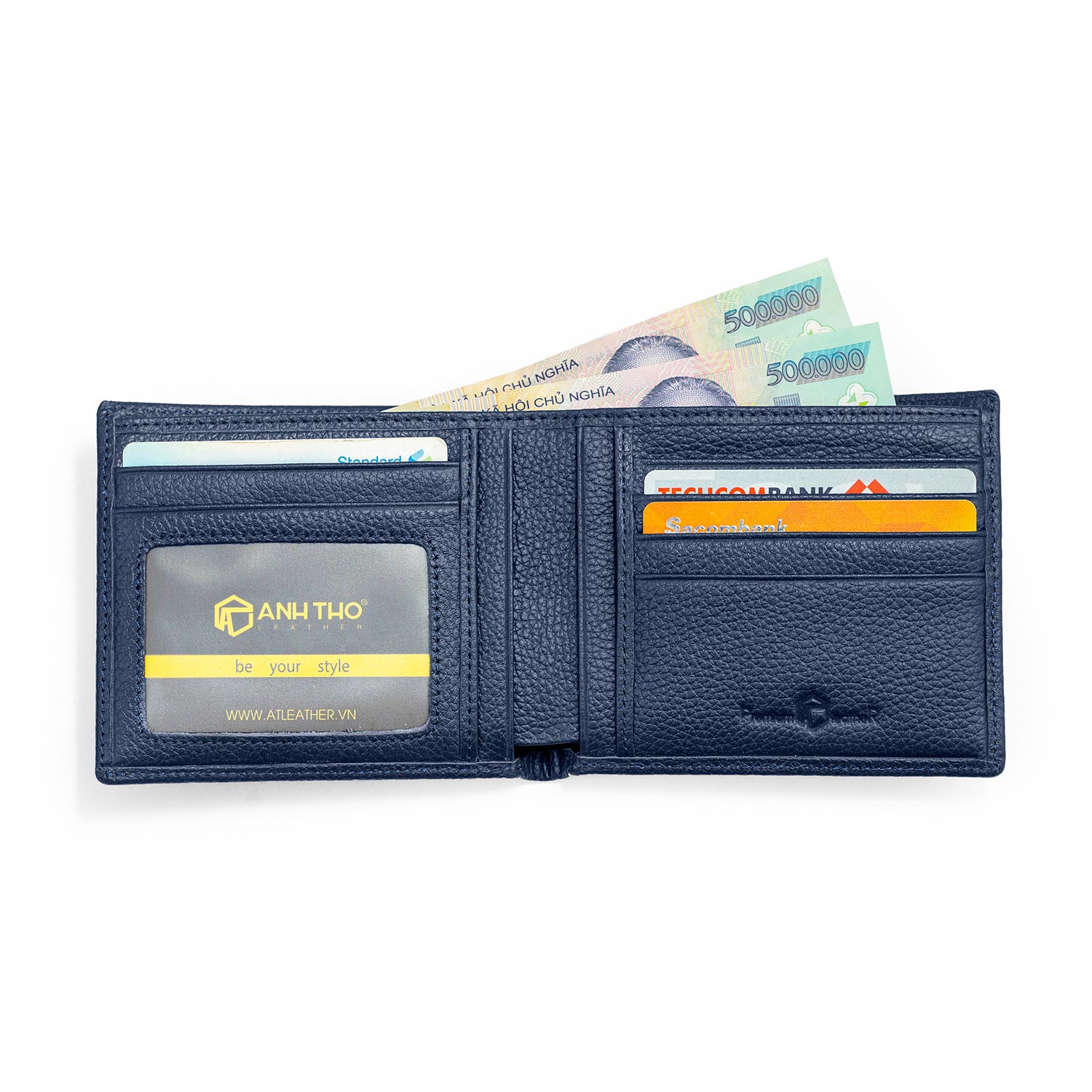 Ví da bò VICTOR dáng ngang, chất da bò hạt cao cấp, tone xanh navy sang trọng, đựng vừa tất cả giấy tờ, Anh Tho Leather