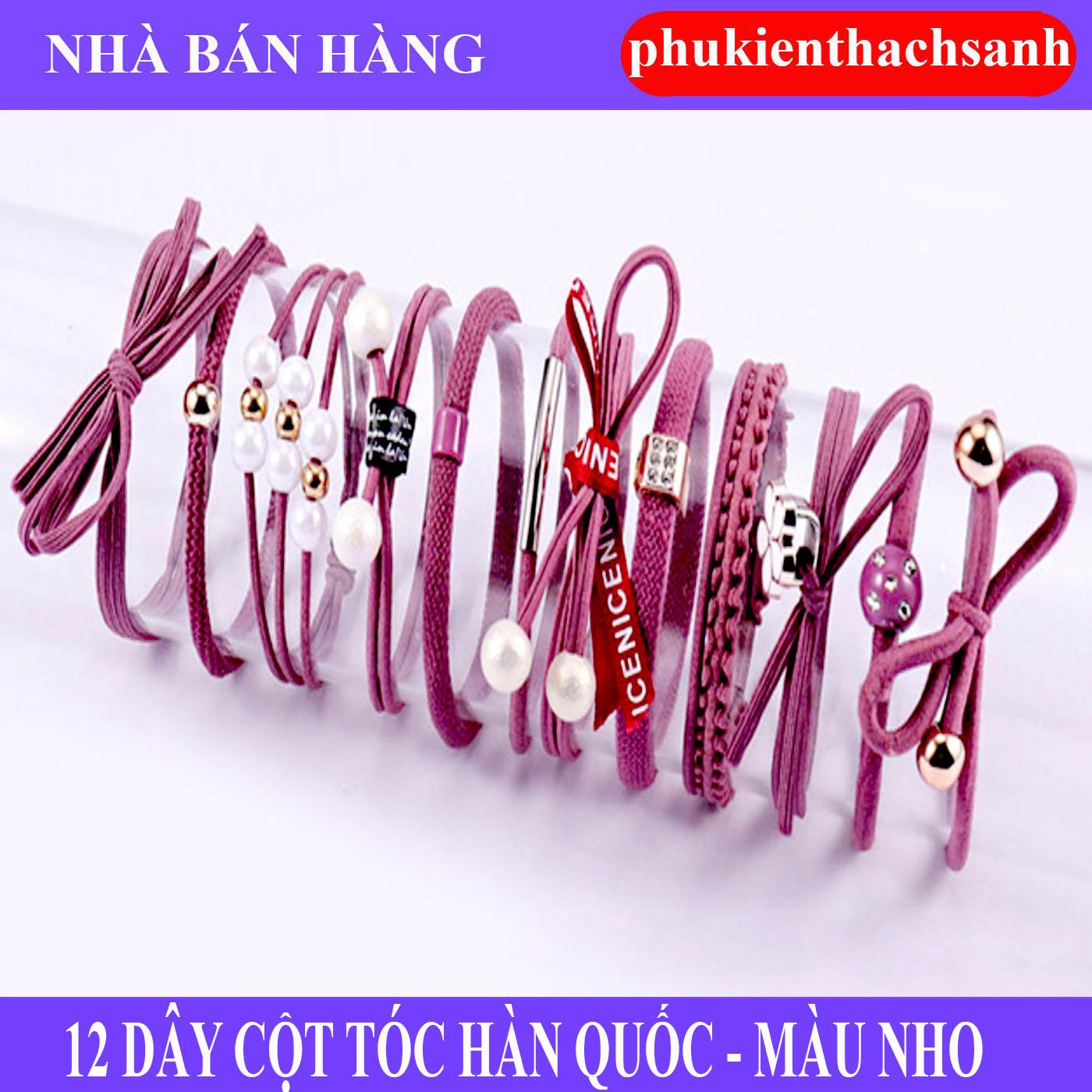 Bộ dây thun cột tóc Hàn Quốc 12 họa tiết ( Màu hồng đậm nho - Gồm Hộp)