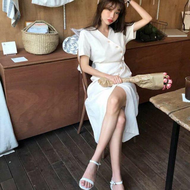 [HCM]Đầm TRẮNG nút xéo form to (kèm hình thật)