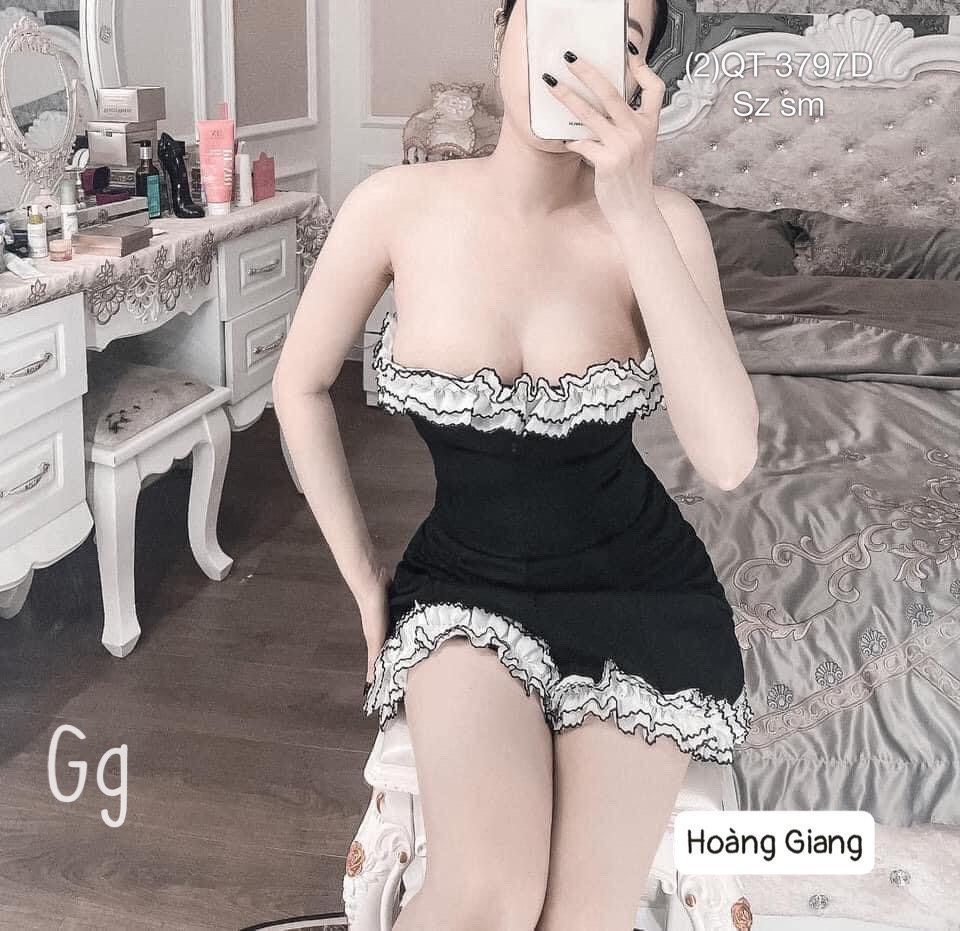 Đầm đen phối bèo trắng có mút ngực mặc siêu xinh ( Hình thật trải sàn)