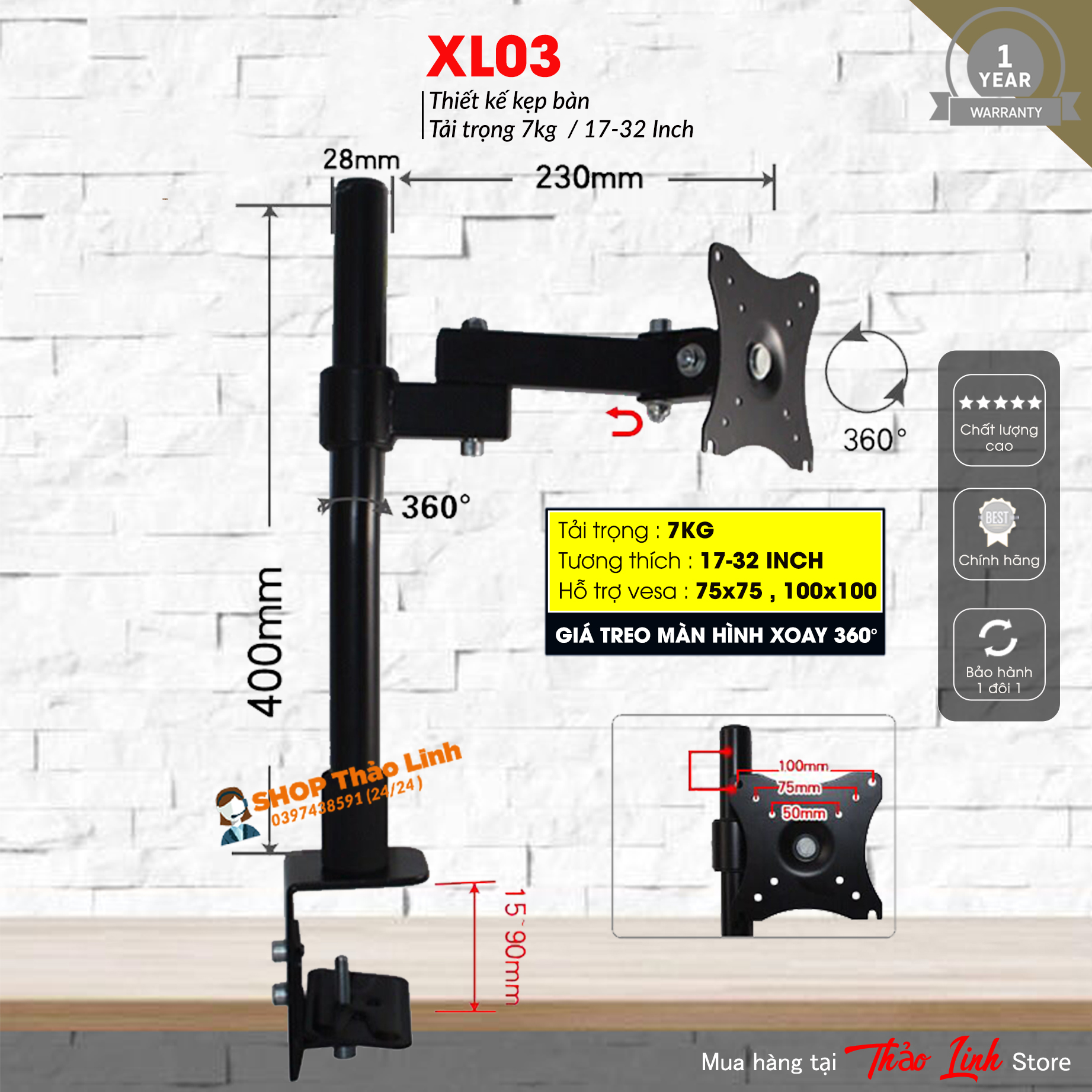 Giá Treo Màn Hình 17-32 Inch - Arm Monitor  - Xoay 360 độ - Chân Đứng - Tay 23 cm Model HW-701 / XL03