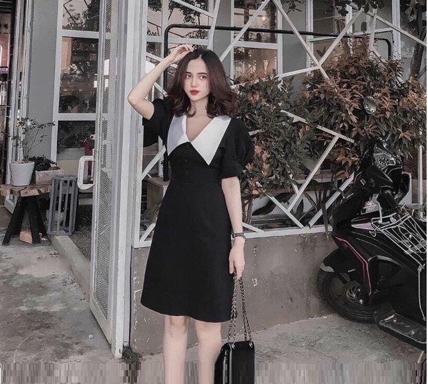 Đầm xòe công sở đen phối cổ sen NGOCTRANSHOP - NT8270