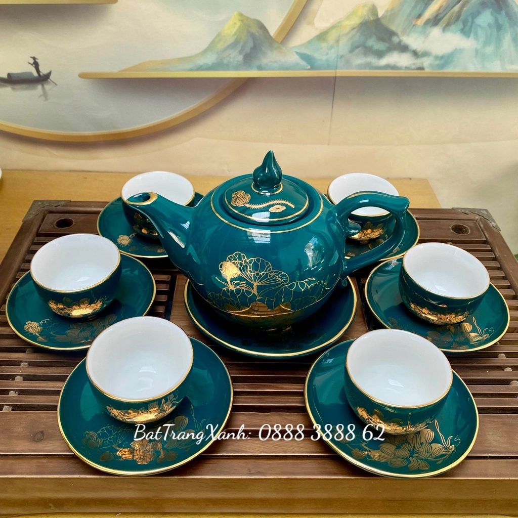 Bộ ấm chén Bát Tràng men xanh Mallard (xanh cổ vịt) họa tiết hoa sen vẽ vàng 24k - Bộ ấm trà Bát Tràng