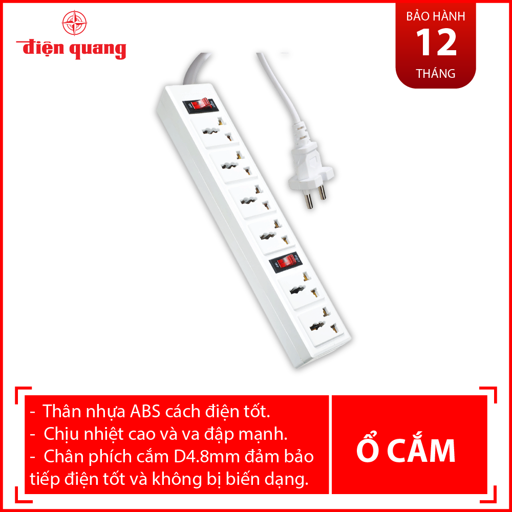 Ổ cắm điện đa năng Điện Quang ĐQ 003A-04 (6 lỗ 3 chấu) công suất 2500w, tự ngắt khi quá tải, BH 12 tháng