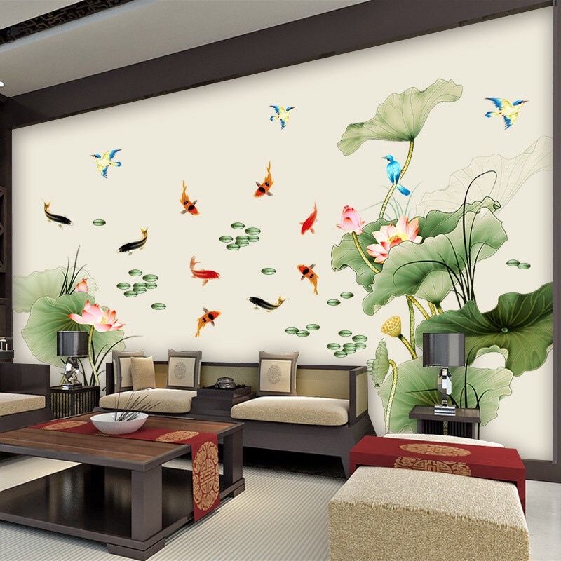Decal dán tường chất liệu cao cấp đầm sen to và cá