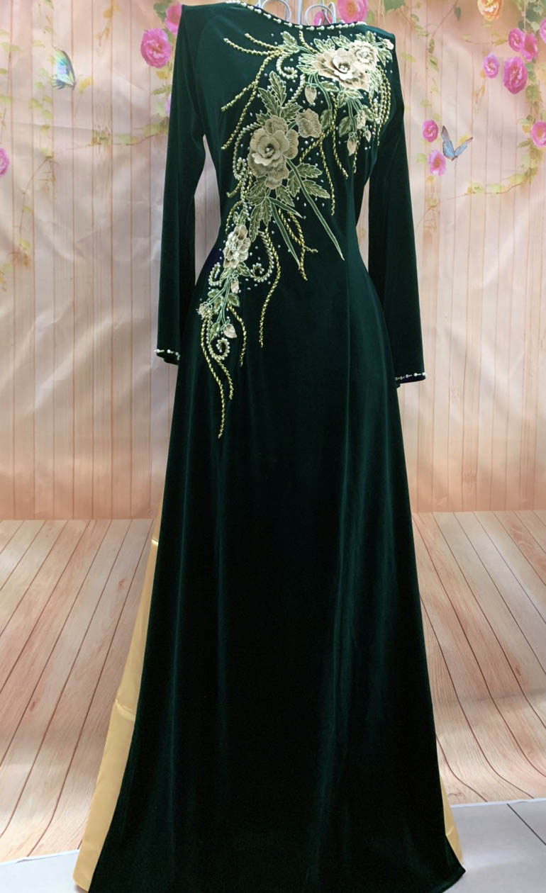 Áo dài NHUNG ÁO DÀI bà sui - áo dài dự tiệc -ÁO DÀI CHO MẸ - MÀU XANH VECHAI -SANG TRỌNG- ẢNH THẬT