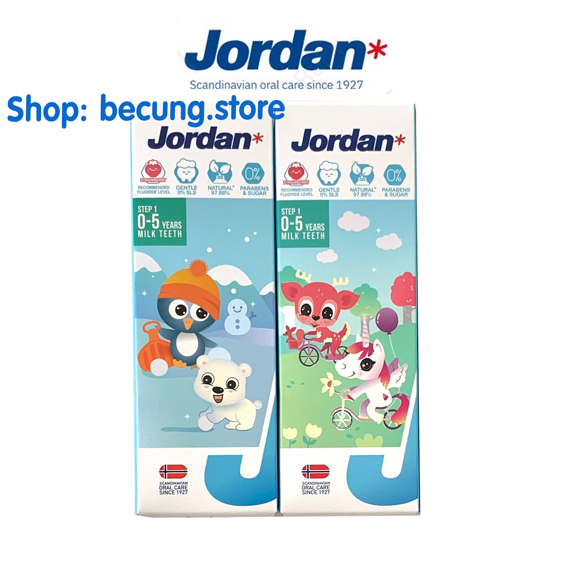 Kem đánh răng Jordan cho bé vị dâu & vị nho 75g (0-5 tuổi, 6-12 tuổi).