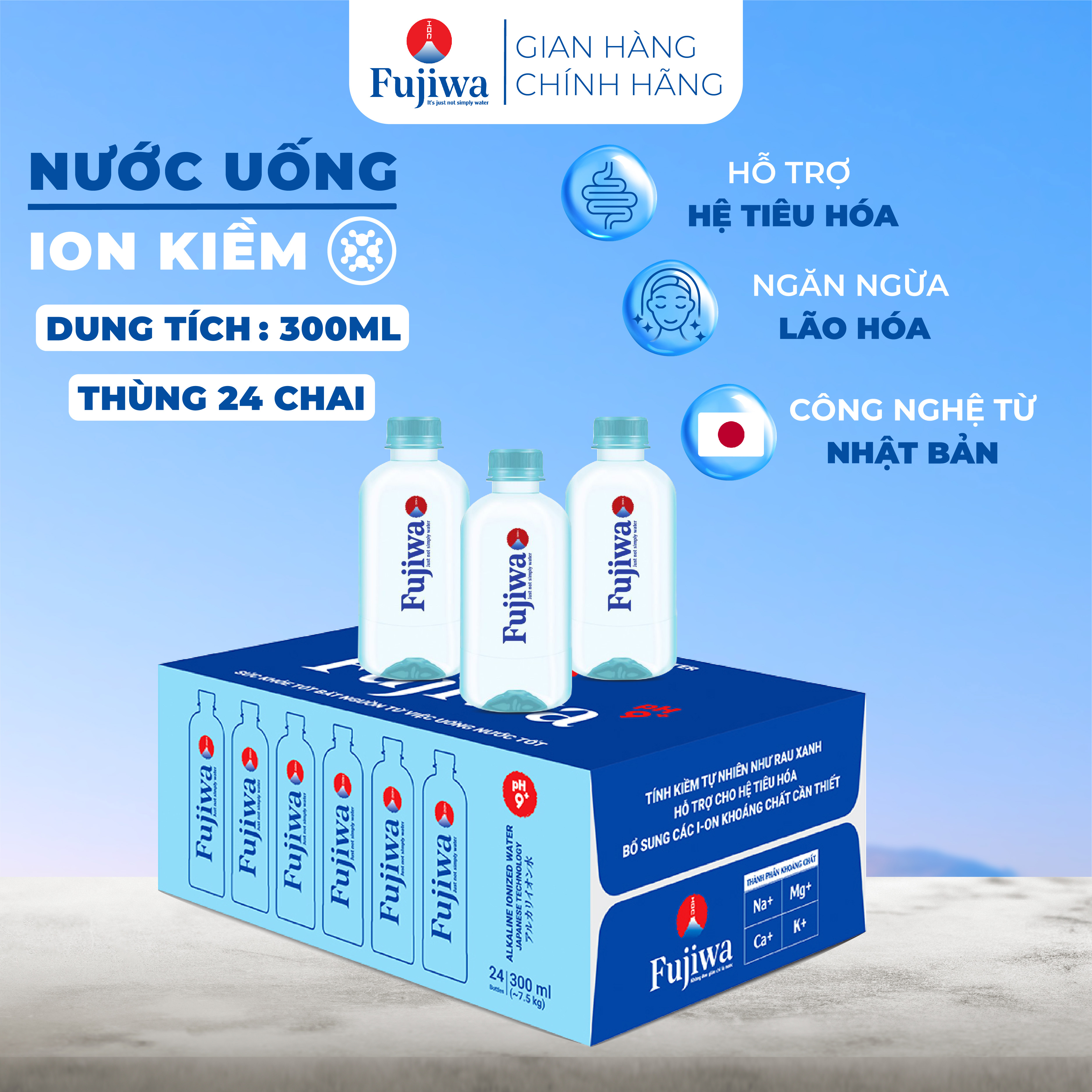 Nước ion kiềm đóng chai Fujiwa - thùng 24 chai 300ml hỗ trợ tiêu hóa