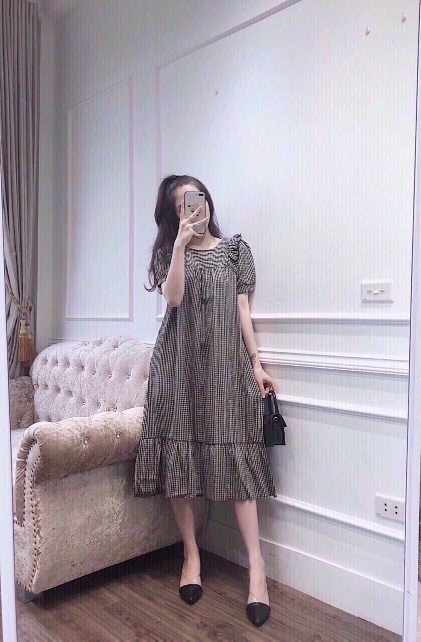 Váy bầu công sở dáng suông thiết kế thời trang, Đầm bầu tay cộc mùa hè