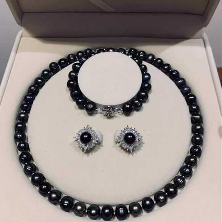 Set natural real pearl cultured freshwater black 10li high-end goods delivery cotton boys Flower Stone include necklace, necklace, bracelet, earring