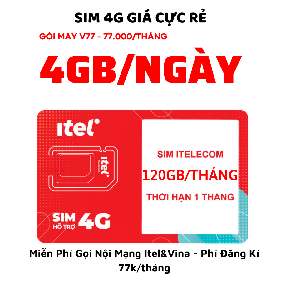 Sim 4G Itelecom Gói May V77 - Có 4Gb Tốc Độ cao 1 Ngày + Miễn Phí gọi Nội Mạng Vinaphone , Phí 77.000đ/tháng . FREESHIP - CHƯA KÍCH HOẠT
